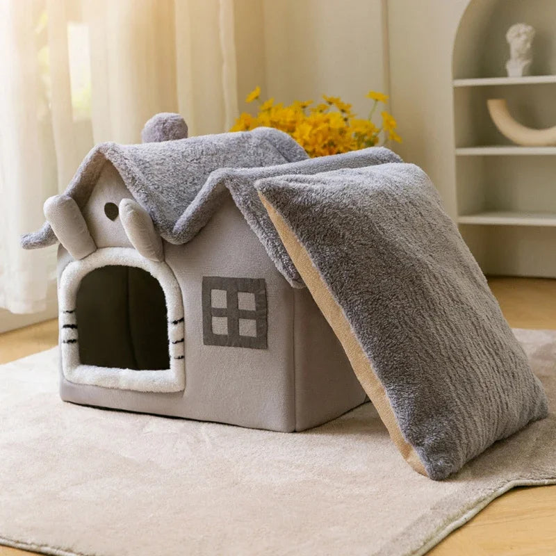 Foldable Coral Fleece Cat House Bed for Deep Sleep